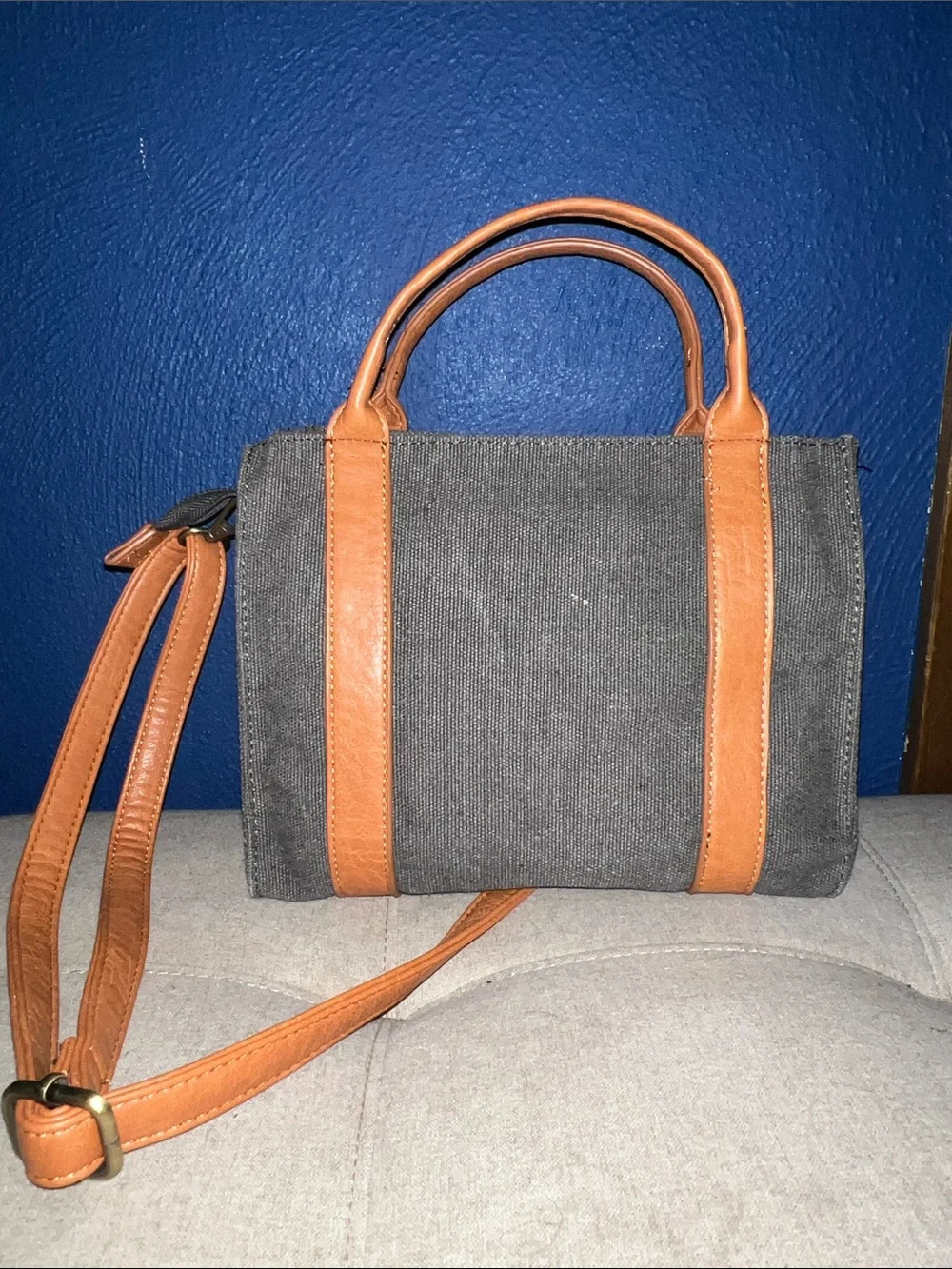Joy Susan Black Canvas Shoulder Bag with Brown Trim